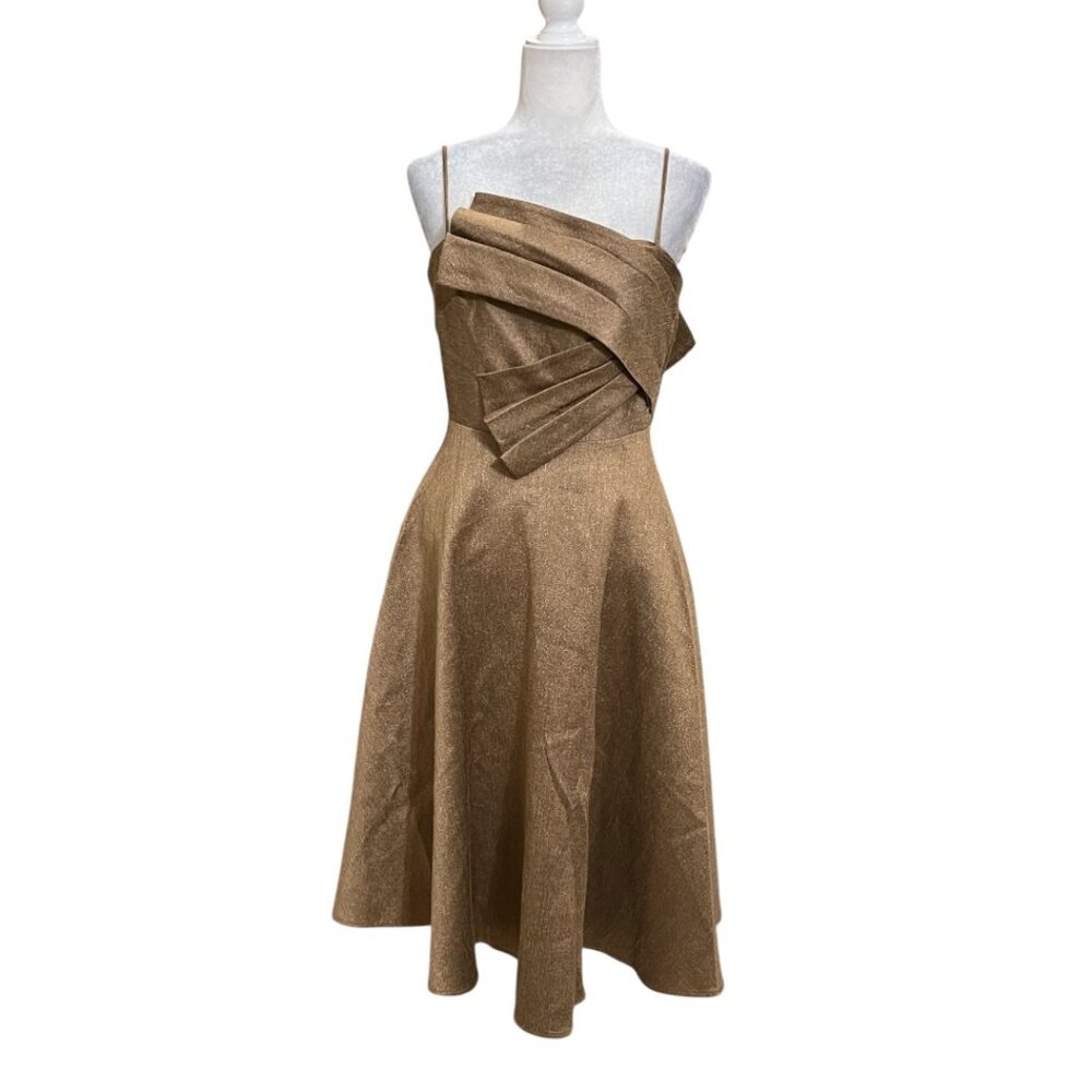 Lane JT Bronze Metallic A-Line Cocktail Dress US S Draped Bust Fit Flare Wedding